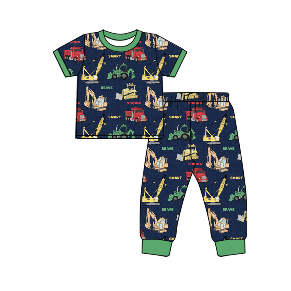 (Custom Design Preorder MOQ 5) Construction Trucks Green Print Boys Pajamas Bamboo Clothes Set