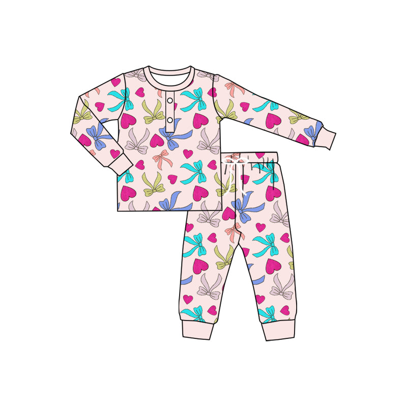 (Pre-order)GLP2273 Colorful Bows Heart Print Girls Valentine's Day Pajamas Clothes Set