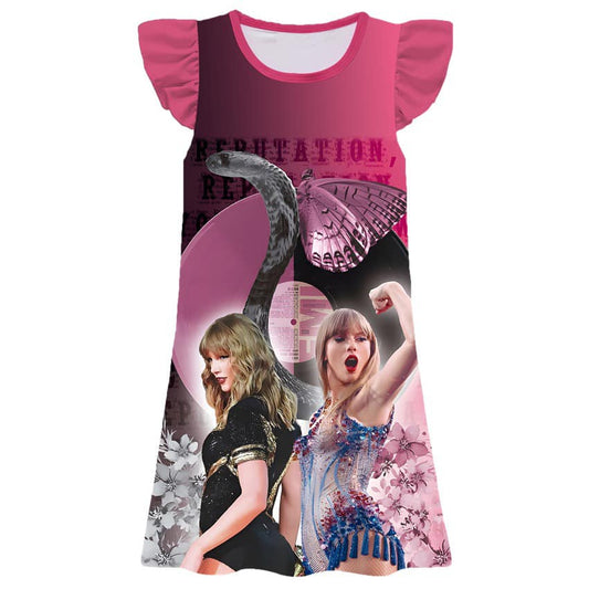11.22(Custom Design Preorder MOQ 5) Singer Swiftie Pink Print Girls Flutter Sleeve Knee Length Dress