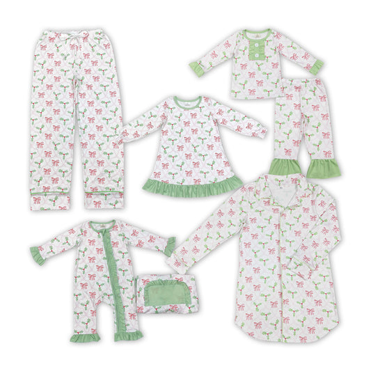 Pink Bows Holly Print Family Christmas Pajamas Matching Clothes