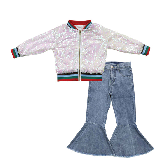 BT0294+P0325 White Pink Sparkle Sequin Jackets Top Light Denim Bell Jeans Girls Fall Clothes Set