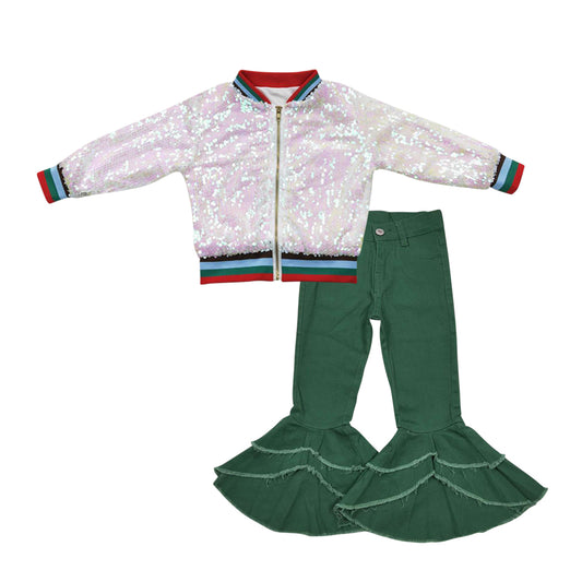BT0294+P0171 White Pink Sparkle Sequin Jackets Top Green Denim Bell Jeans Girls Fall Clothes Set