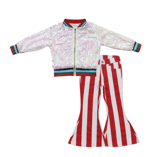 BT0294+P0246 White Pink Sparkle Sequin Jackets Top Red Stripes Denim Bell Jeans Girls Fall Clothes Set