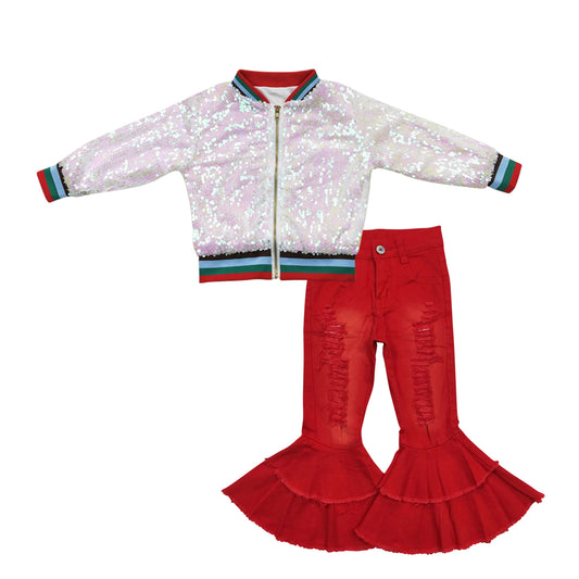 BT0294+P0270 White Pink Sparkle Sequin Jackets Top Red Hole Denim Bell Jeans Girls Fall Clothes Set