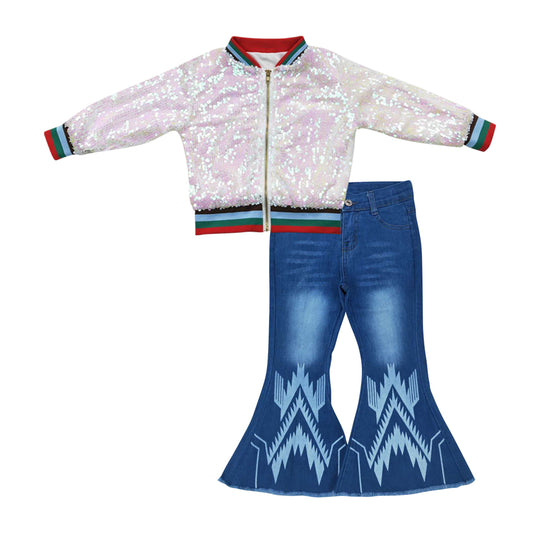 BT0294+P0126 White Pink Sparkle Sequin Jackets Top Aztec Denim Bell Jeans Girls Fall Clothes Set