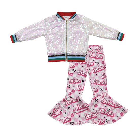 BT0294+P0294 White Pink Sparkle Sequin Jackets Top Pink BA Denim Bell Jeans Girls Fall Clothes Set