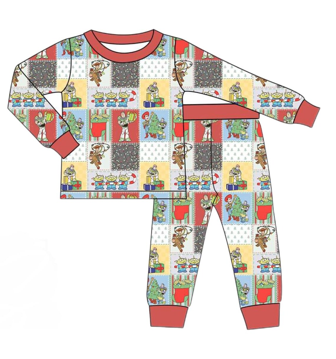 (Custom Design Preorder MOQ 5)  Cartoon Toys Print Boys Christmas Pajamas Bamboo Clothes Set