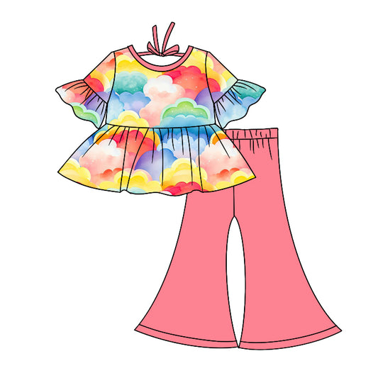 (Custom Design MOQ 5) Colorful Cloud Print Girls Clothes Set