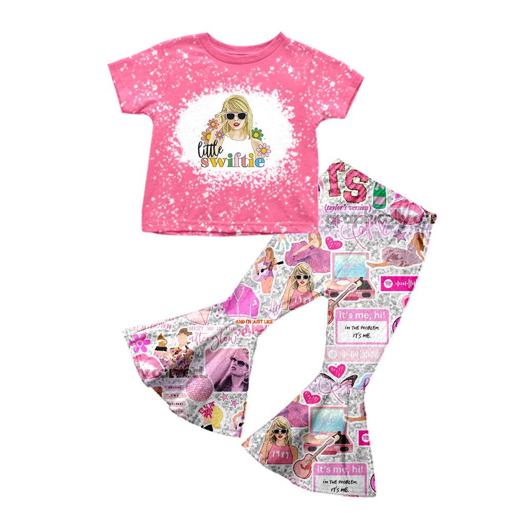 (Custom Design MOQ 5)NO.3  Pink Flowers Singer Design Bell Pants Girls Clothes Set