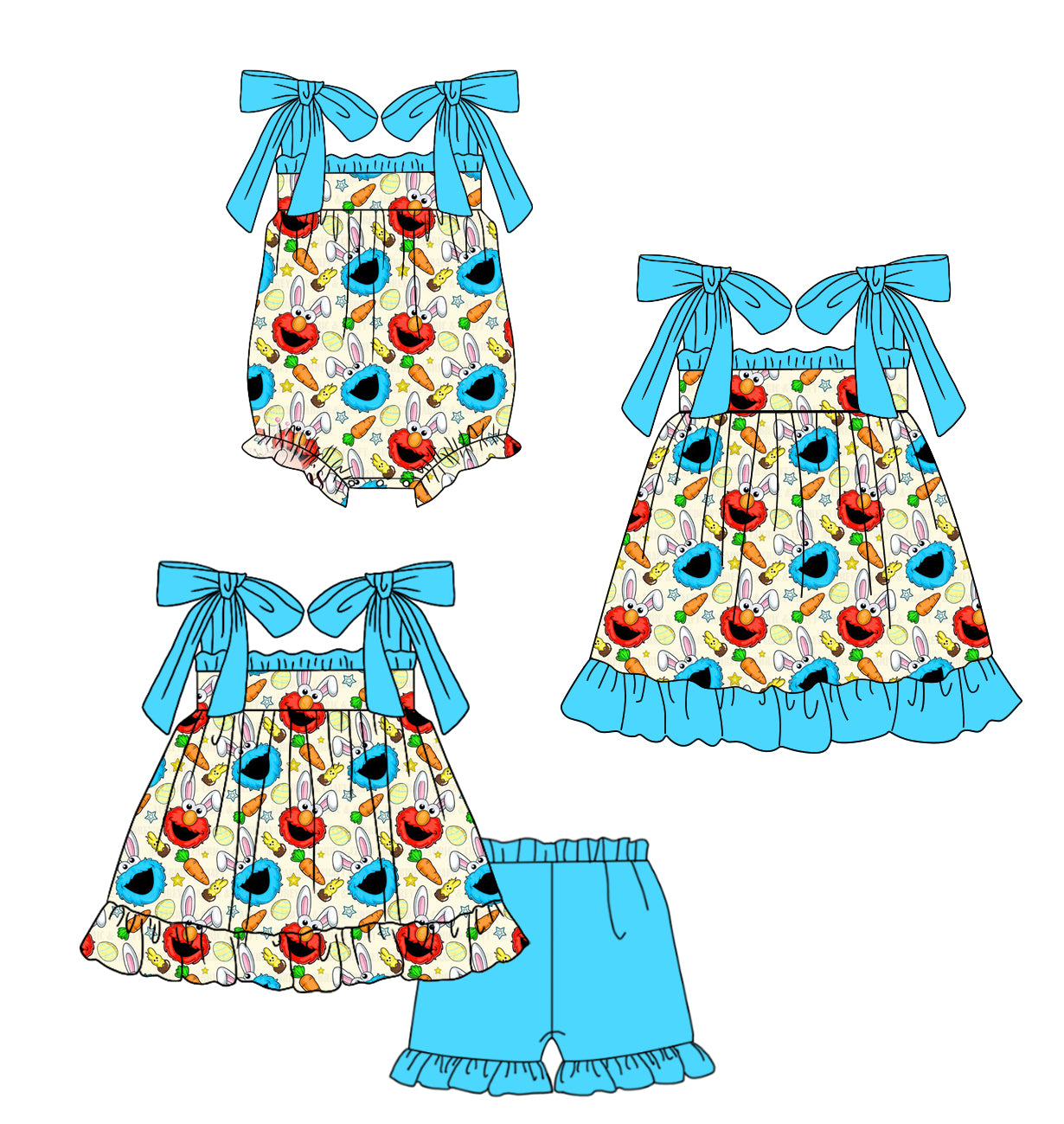 12.12(Custom Design Preorder MOQ 5 Each Design) Cartoon Street Eggs Print Girls Easter Matching Clothes Sisters Wear