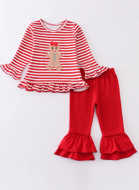 (Custom Design Preorder MOQ 5) Gingerbread Red Stripes Tunic Top Ruffle Pants Girls Christmas Clothes Set