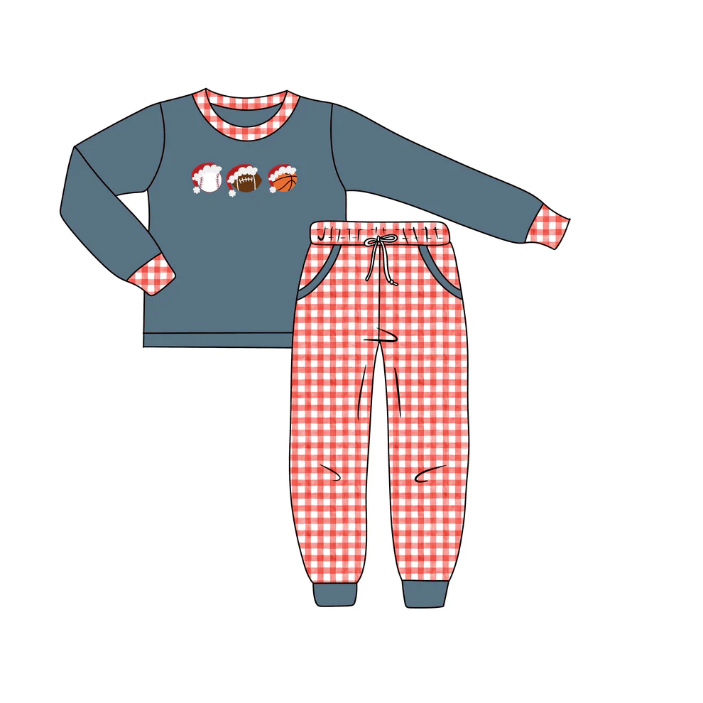 (Custom Design Preorder MOQ 5)  Baseball Top Plaid Pants Boys Christmas Clothes Set