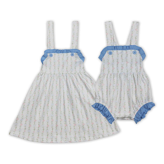 Blue Small Flowers Print Sisters Summer Matching Clothes