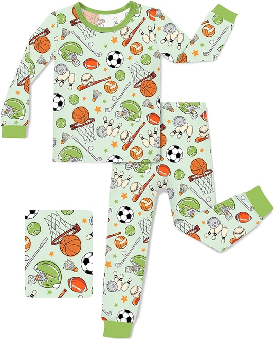 (Custom Design Preorder MOQ 5) Balls Green Print Boys Fall Pajamas Clothes Set