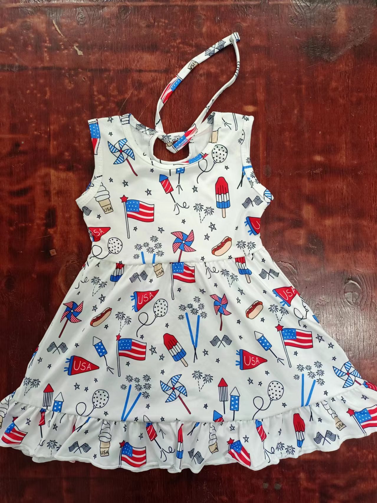 (Custom Design Preorder MOQ 5) Flags Fireworks Popsicle Print Girls Knee Length 4th of July Dress