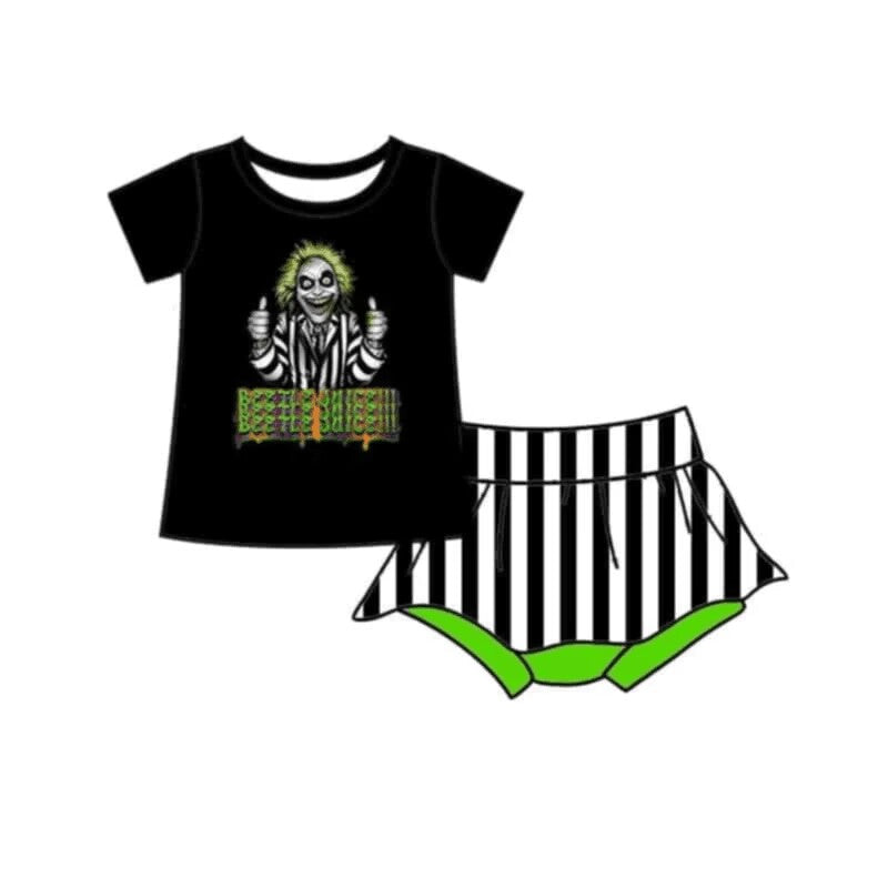 (Custom Design Preorder MOQ 5) Movie Character Top Stripes Shorts Baby Girls Halloween Bummie Set