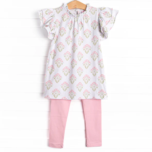 (Custom Design Preorder MOQ 5)  Flowers White Tunic Top Pink Pants Girls Clothes Set