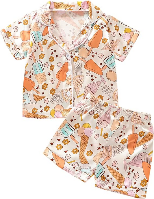 (Custom Design Preorder MOQ 5)  Popsicle Print Girls Summer Pajamas Clothes Set