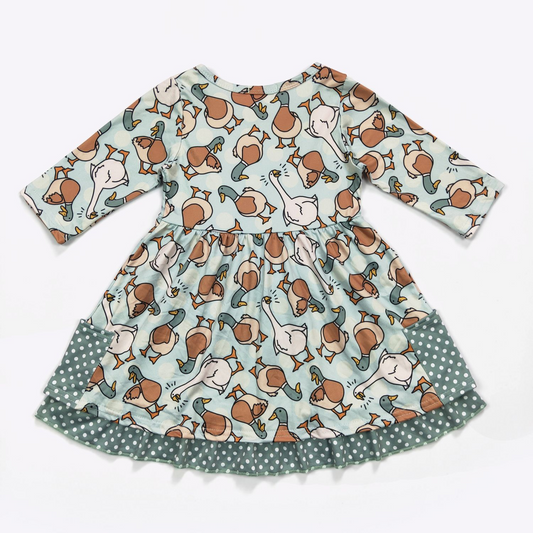 (Custom Design Preorder MOQ 5) Duck Print Pockets Girls Knee Length Dress