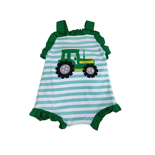 (Custom Design Preorder MOQ 5) Tractor Print Baby Girls Summer Romper