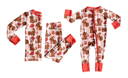 12.4 (Custom Design Preorder MOQ 5 Each Design) Puppy Hearts Flowers Print Girls Valentine's Day Pajamas Matching Clothes Sisters Wear
