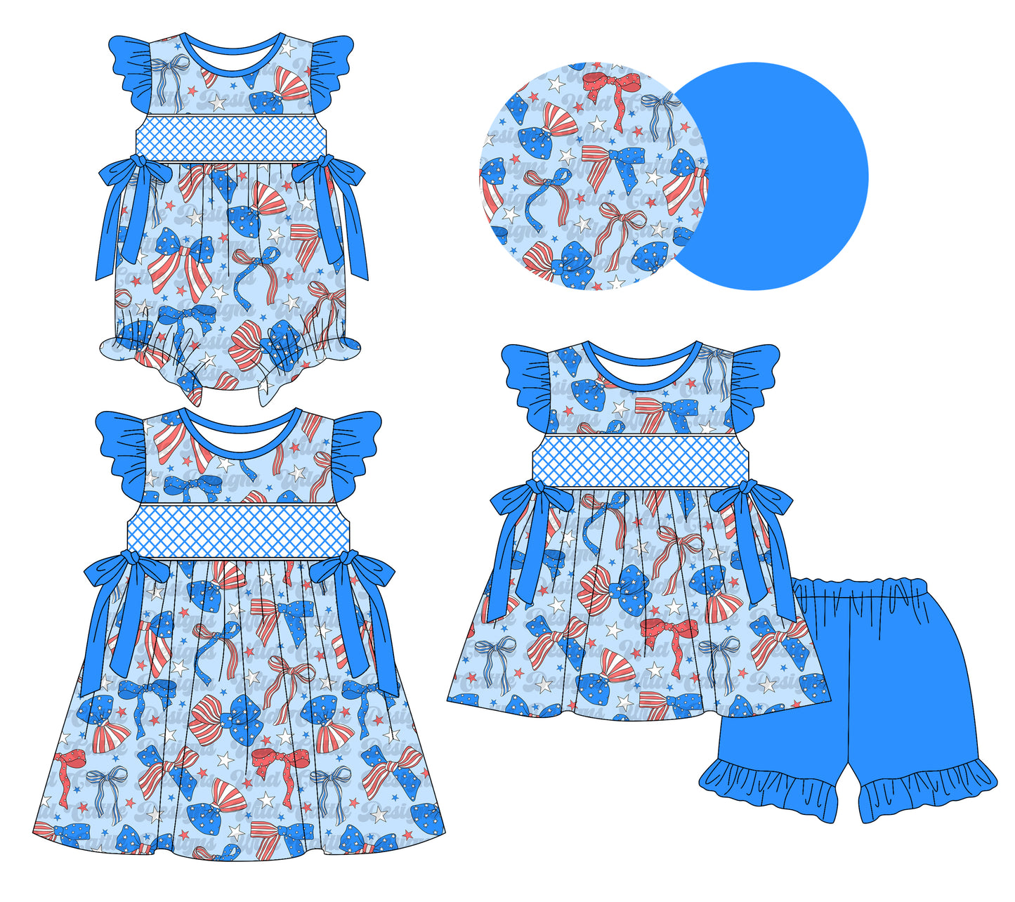 3.10(Custom Design Preorder MOQ 5 Each Design) Bows Stars Print Girls 4th of July Matching Clothes Sisters Wear