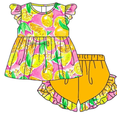 (Custom Design Preorder MOQ 5)  Lemon Print Girls Summer Clothes Set
