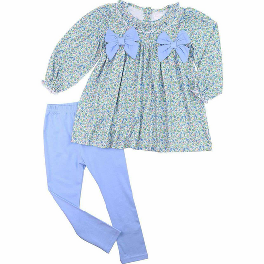 (Custom Design Preorder MOQ 5) Small Flowers Tunic Top Blue Legging Pants Girls Clothes Set