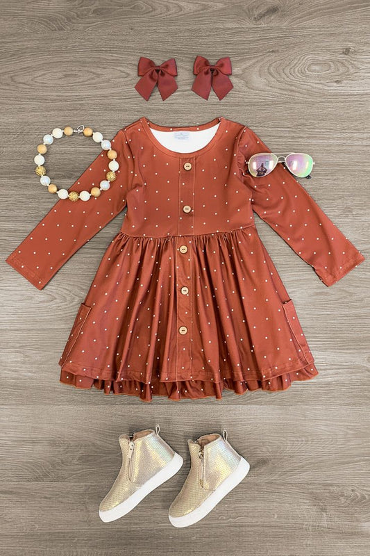 (Custom Design Preorder MOQ 5) Brown Dots Print Pockets Girls Knee Length Fall Dress