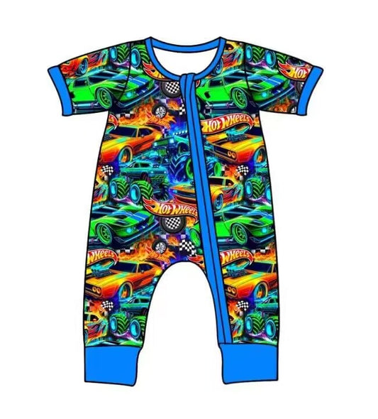 (Custom Design Preorder MOQ 5)  Monster Trucks Print Baby Boys Sleeper Zipper Romper