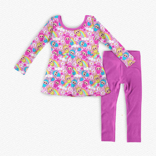 (Custom Design Preorder MOQ 5) Cartoon Labub* Rainbow Tunic Top Legging Pants Girls Clothes Set