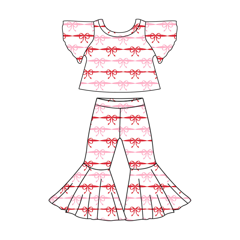 11.9(Custom Design Preorder MOQ 5)  Bows Print Bell Pants Girls Clothes Set