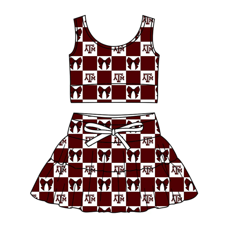 (Custom Design Preorder MOQ 5 Each Color) Team's Texas A&M Bows Plaid Print Girls Summer Clothes Sisters Matching Wear