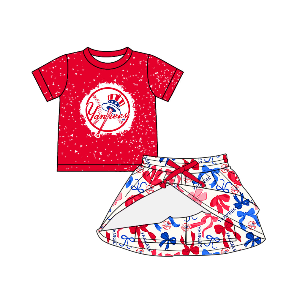 (Custom Design Preorder MOQ 5 Each Color) Team's YANKEES Bows Print Girls Summer Clothes Sisters Matching Wear