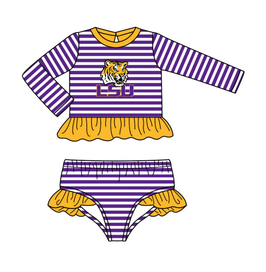 (Custom Design Preorder MOQ 5) Team's LSU Tigers Stripes Print Girls 2 Pieces Swimsuits