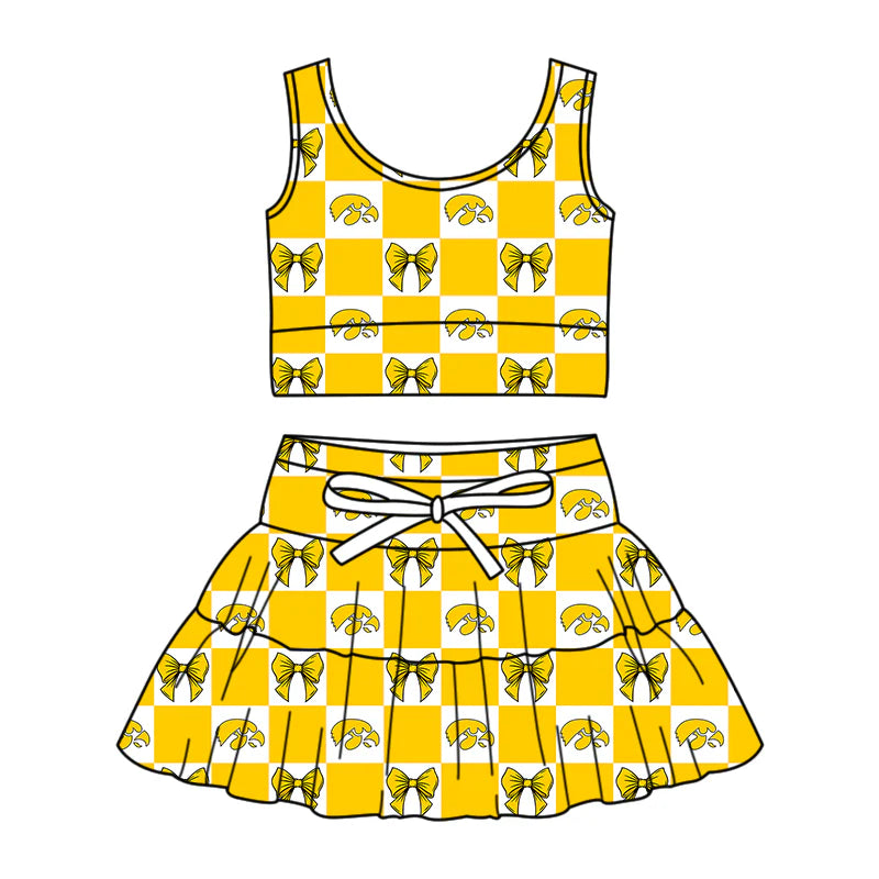 (Custom Design Preorder MOQ 5 Each Color) Team's Lowa Hawkeyes Bows Plaid Print Girls Summer Clothes Sisters Matching Wear