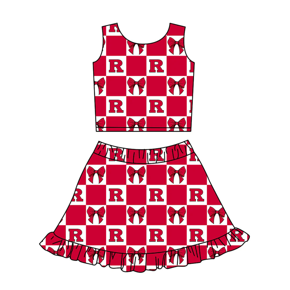 (Custom Design Preorder MOQ 5 Each Color) Team's Rutgers University Bows Plaid Print Girls Summer Clothes Sisters Matching Wear