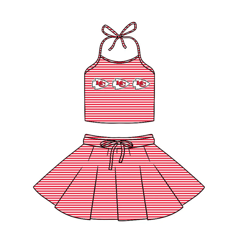 (Custom Design Preorder MOQ 5)  Team's Chiefs Stripes Halter Top Skirts Girls Summer Clothes Set