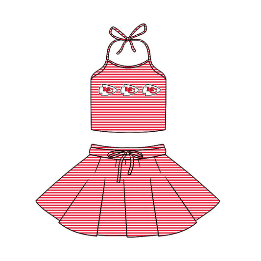 (Custom Design Preorder MOQ 5)  Team's Chiefs Stripes Halter Top Skirts Girls Summer Clothes Set