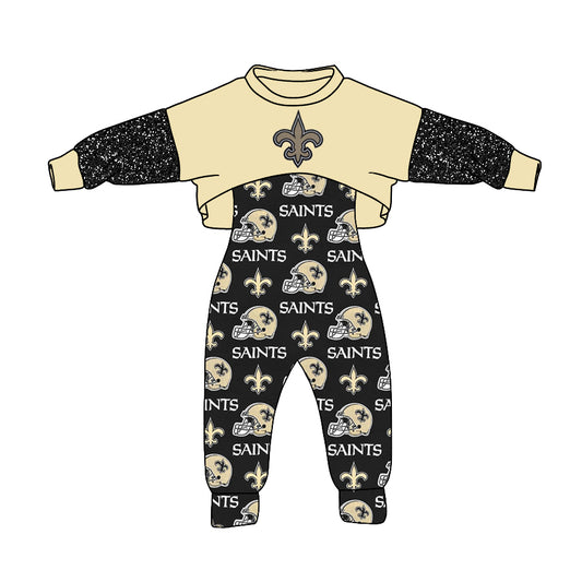 (Custom Design Preorder MOQ 5)  Black Gold Football Team's SAINTS Print Girls Jumpsuits Clothes Set