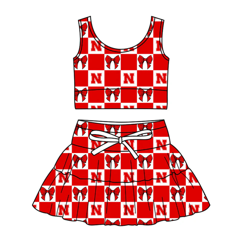 (Custom Design Preorder MOQ 5 Each Color) Team's N Red Bows Plaid Print Girls Summer Clothes Sisters Matching Wear