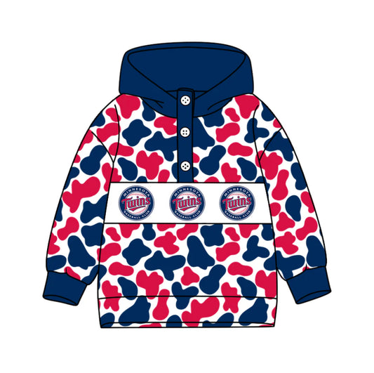 (Custom Design Preorder MOQ 5) Team's Minnesota Twins Camo Print Kids Long Sleeve Buttons Hoodie Top