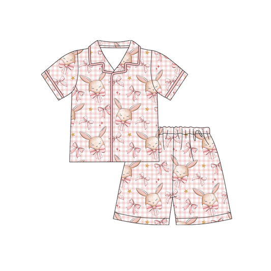 12.10 (Custom Design Preorder MOQ 5)  Bunny Bows Plaid Print Girls Easter Buttons Pajamas Clothes Set