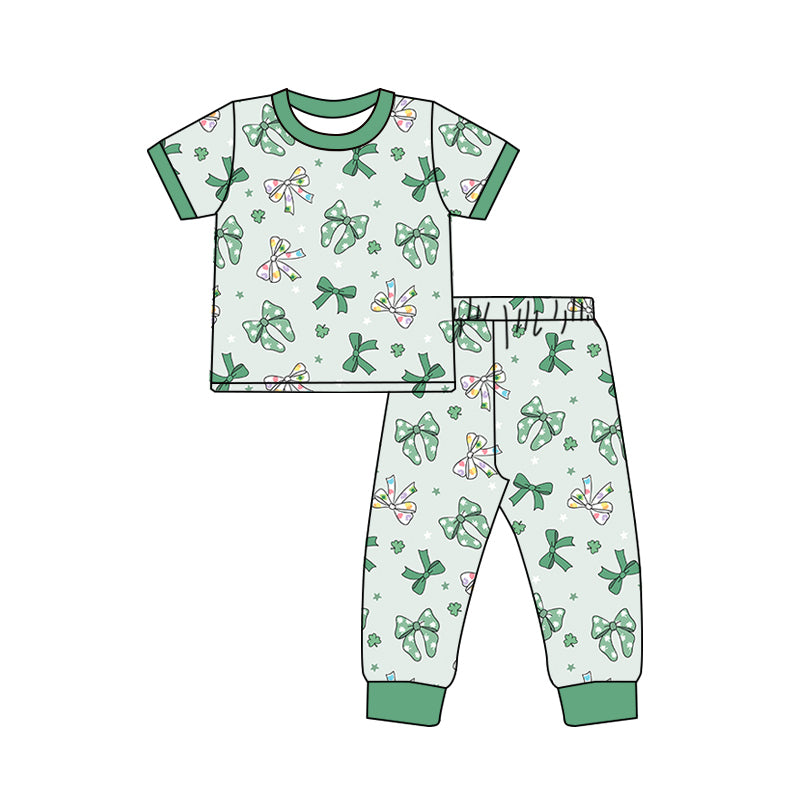 (Custom Design Preorder MOQ 5) Bows Green Print Girls St. Patrick's Day Bamboo Pajamas Clothes Set