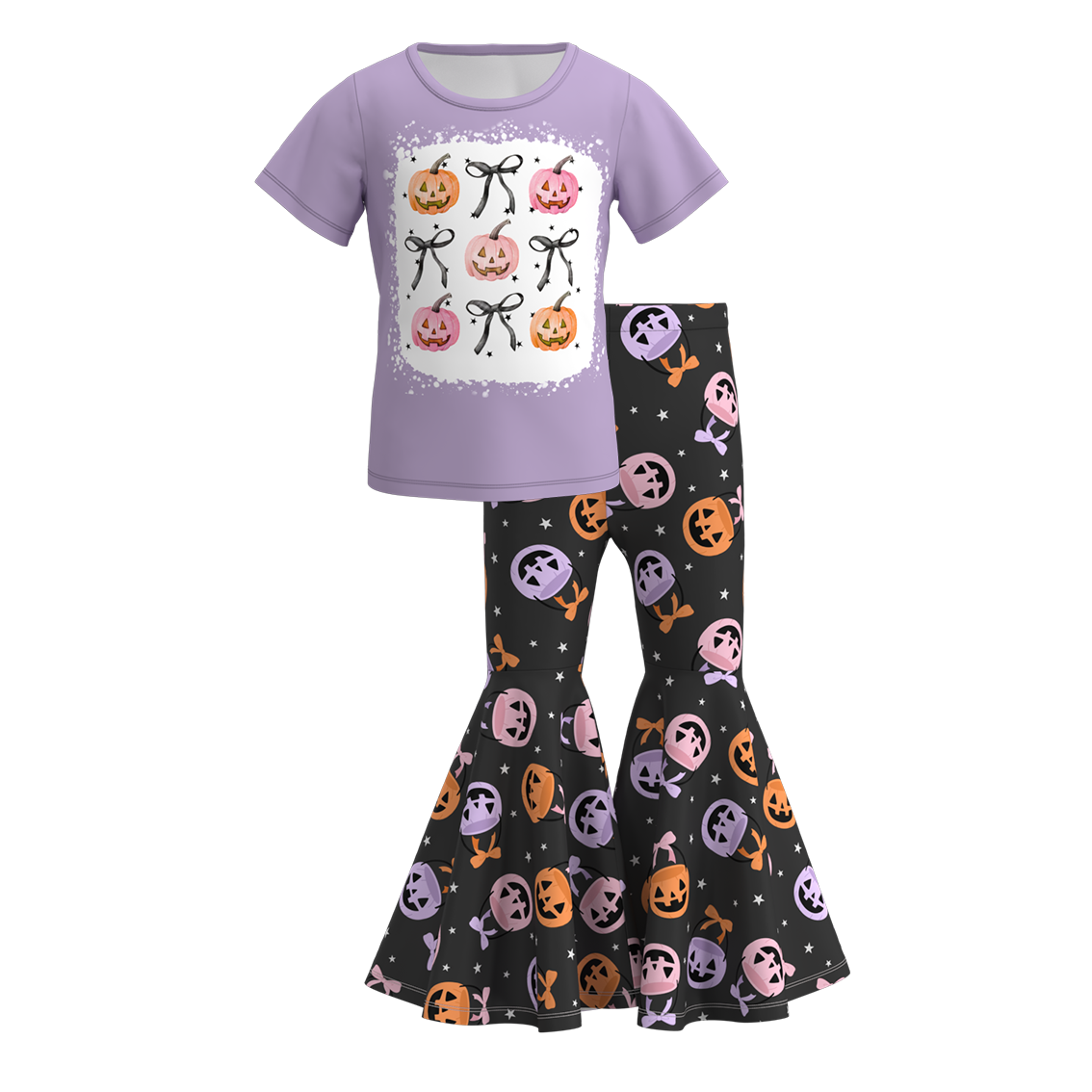 (Custom Design Preorder MOQ 5) Pumpkin Bows Top Black Bell Pants Girls Halloween Clothes Set