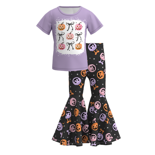 (Custom Design Preorder MOQ 5) Pumpkin Bows Top Black Bell Pants Girls Halloween Clothes Set