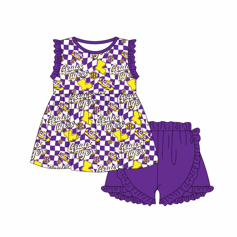 (Custom Design Preorder MOQ 5) Team's lSU Tigers Plaid Print Girls Summer Clothes Set