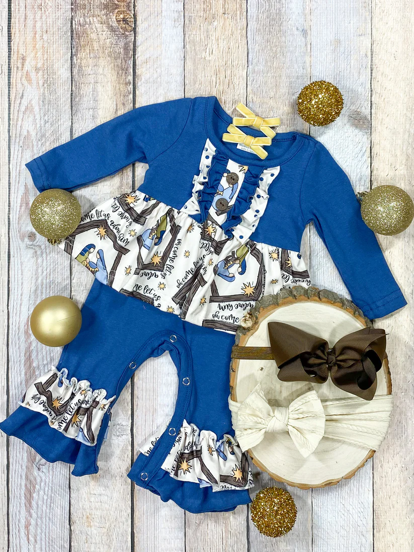 (Custom Design Preorder MOQ 5)  Nativity Print Baby Girls Christmas Romper