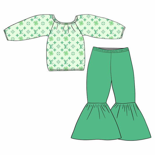 (Custom Design Preorder MOQ 5) Leaf L*V* Top Green Bell Pants Girls St. Patrick's Day Clothes Set