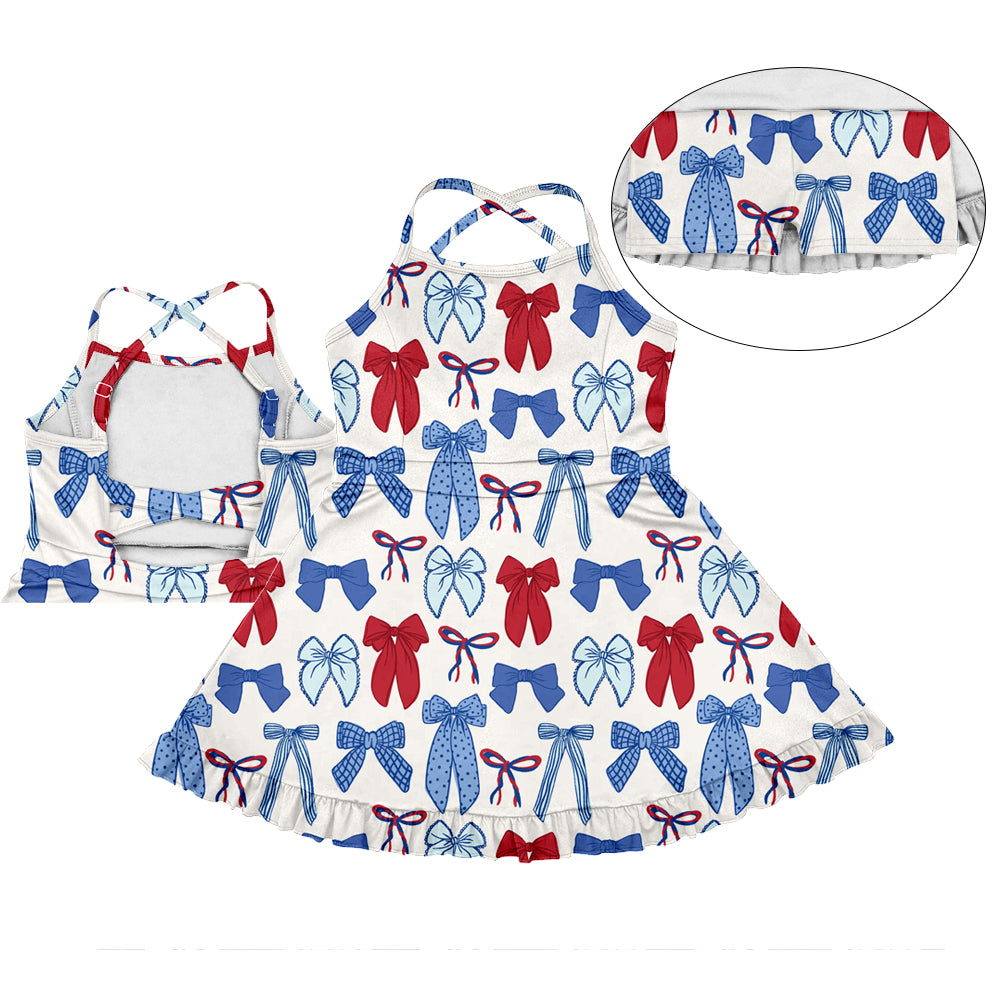 3.10(Custom Design Preorder MOQ 5) Red Blue Bows Print Girls 4th of July Knee Length Shorts Dress